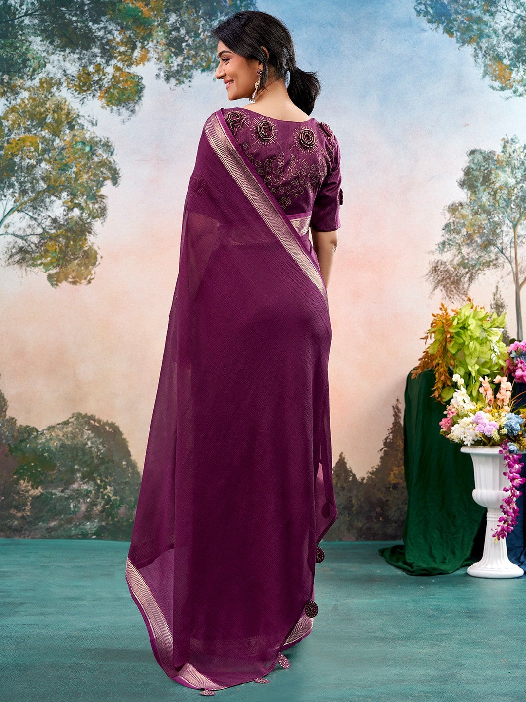 Wine Chinon Saree Featuring Classic Golden Zari Border with Smooth Solid Finish - Image 3