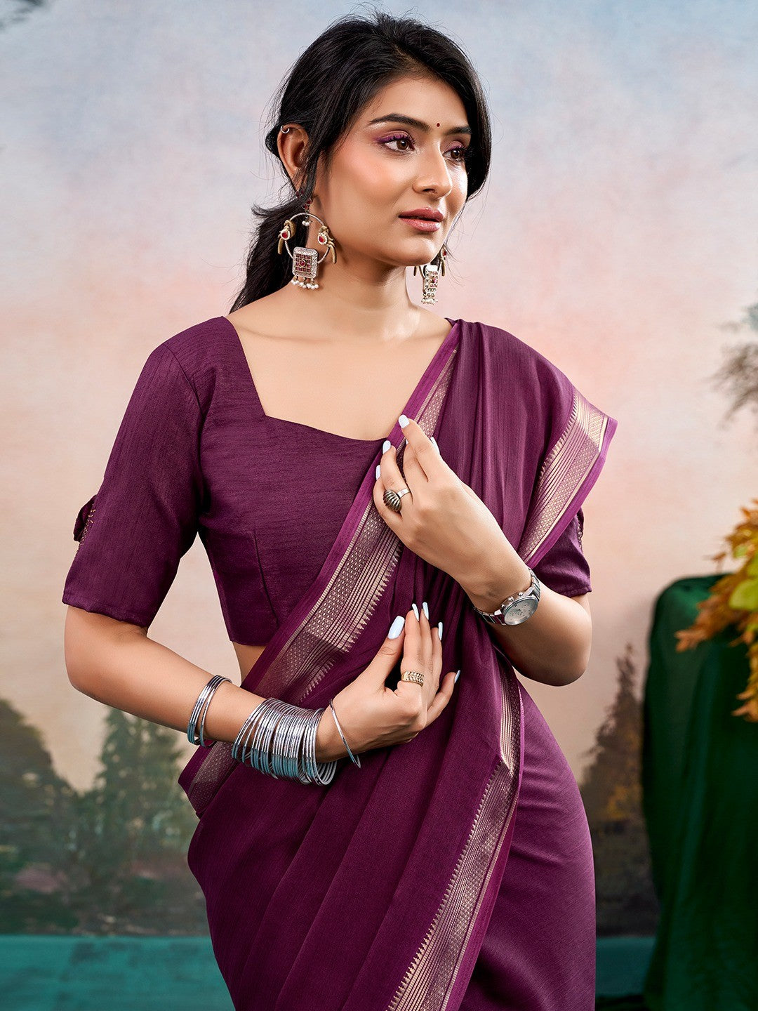 Wine Chinon Saree Featuring Classic Golden Zari Border with Smooth Solid Finish - Image 4
