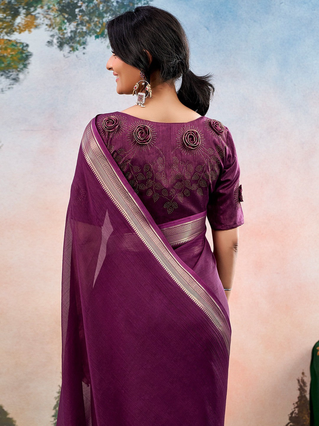 Wine Chinon Saree Featuring Classic Golden Zari Border with Smooth Solid Finish - Image 5