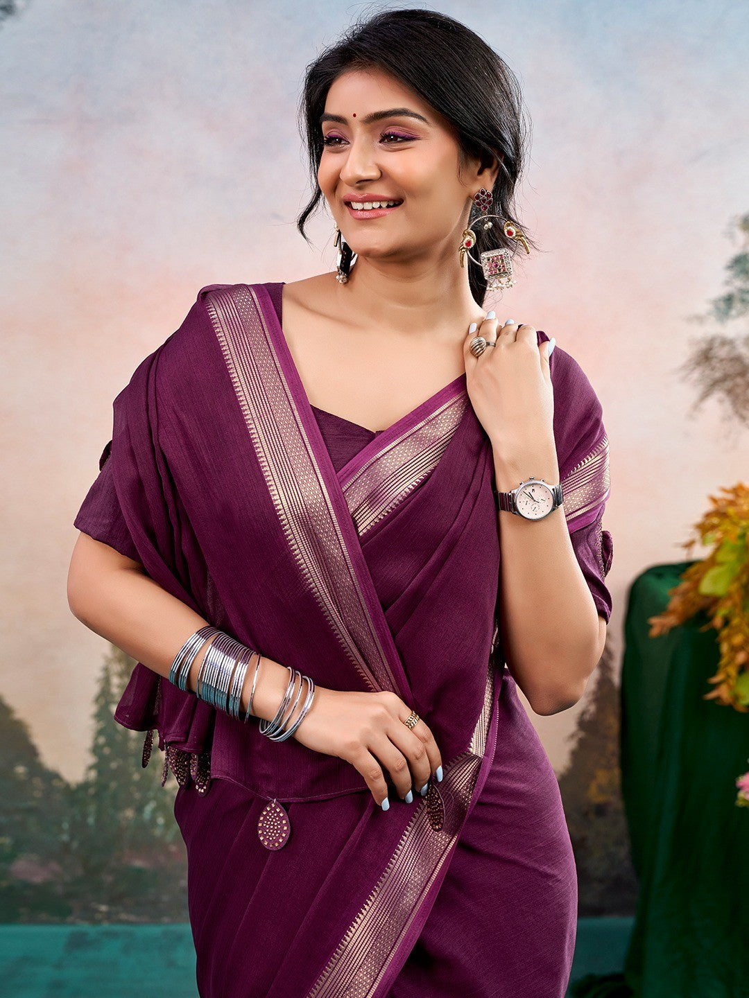 Wine Chinon Saree Featuring Classic Golden Zari Border with Smooth Solid Finish - Image 6