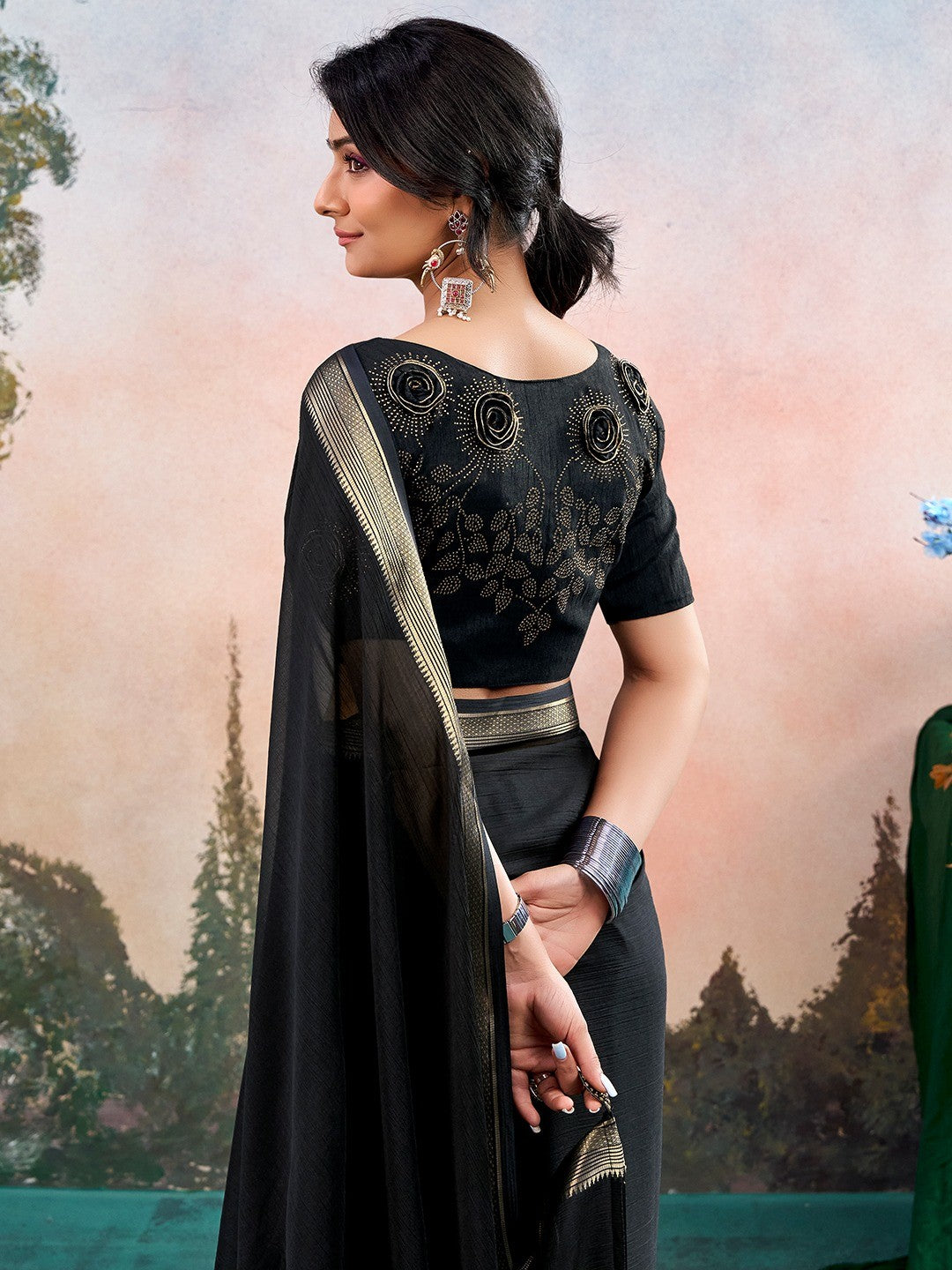 Black Chinon Saree Featuring Classic Golden Zari Border with Smooth Solid Finish - Image 5