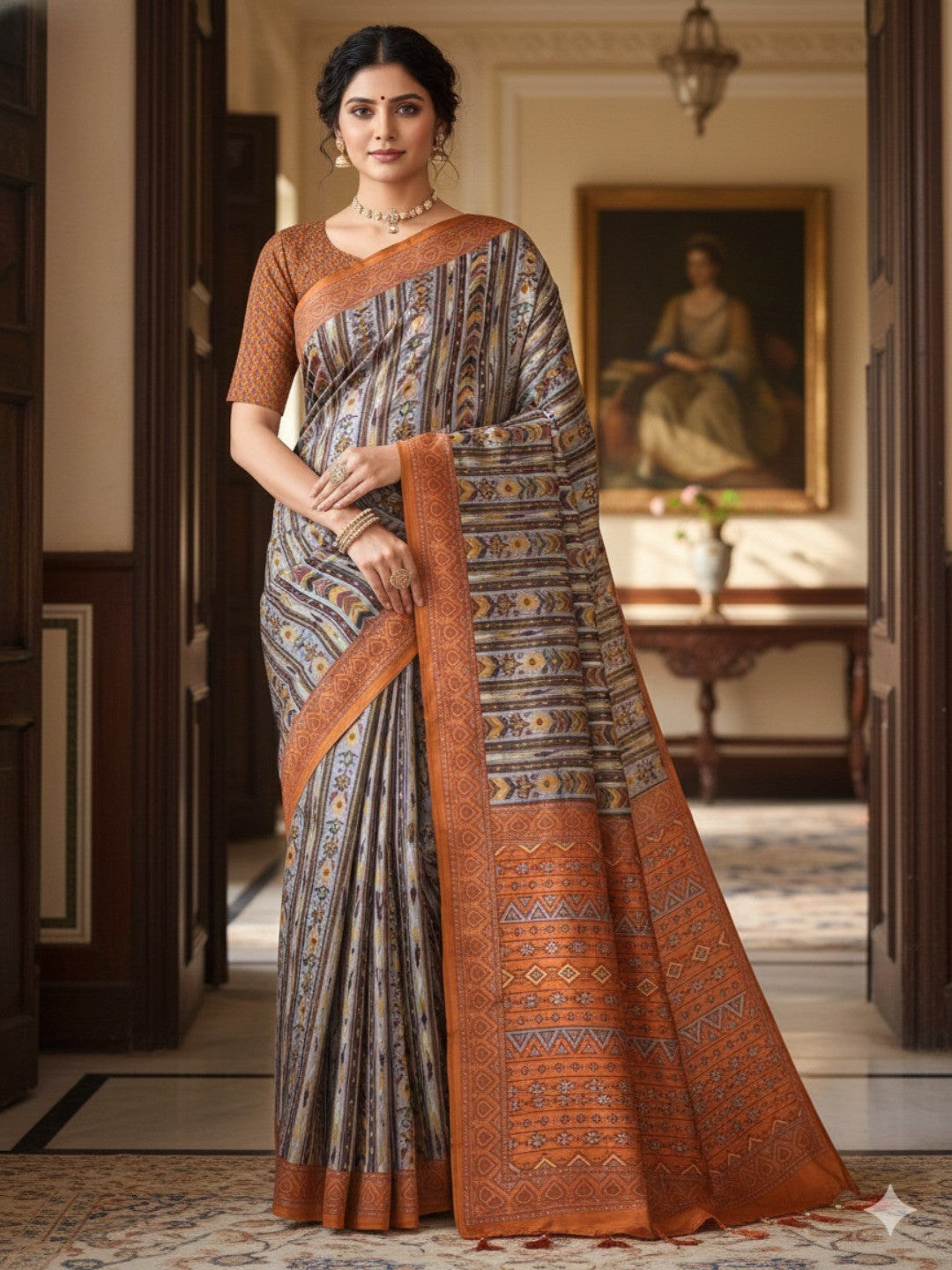 Festive Wear Grey Floral Print Silk Blend Saree with Sophisticated Ethnic Styling - Image 1