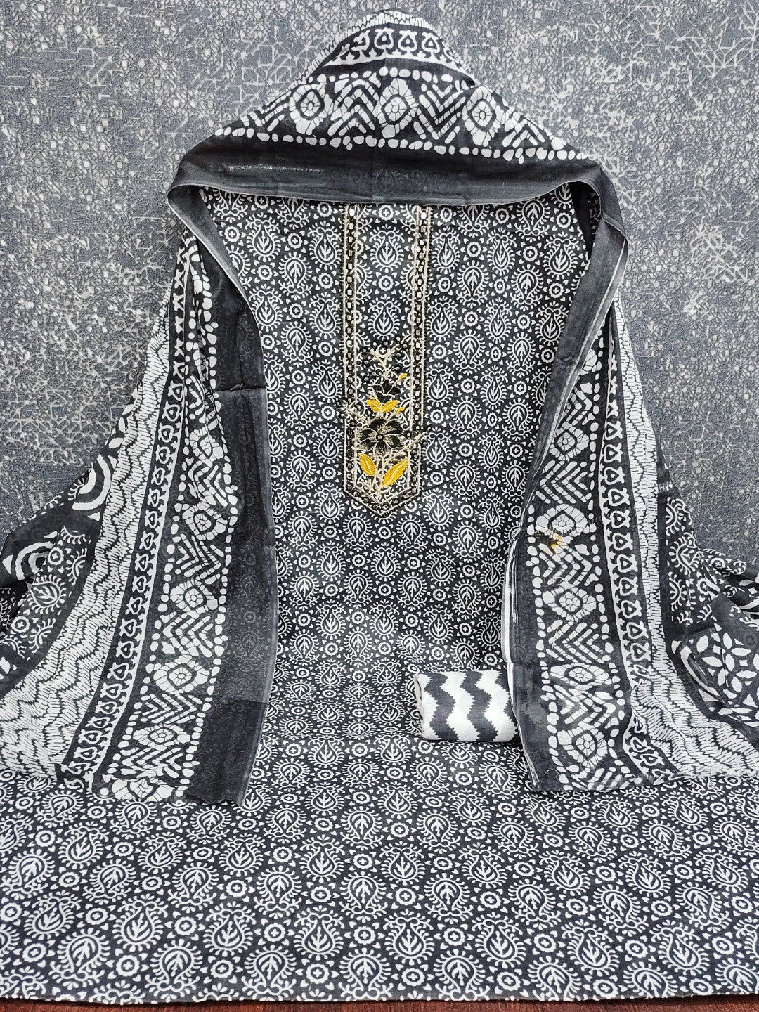 Classic Black Printed Cotton Blend Dress Material Highlighted With Delicate Floral Embroidery On Neck - Image 2