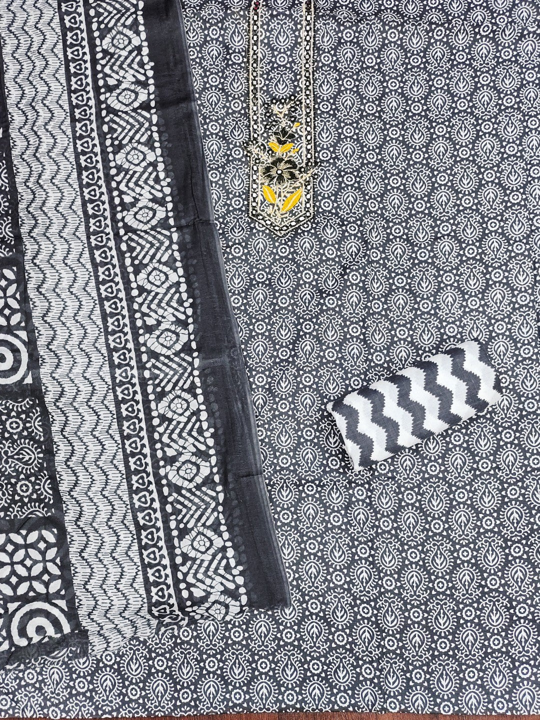 Classic Black Printed Cotton Blend Dress Material Highlighted With Delicate Floral Embroidery On Neck - Image 3