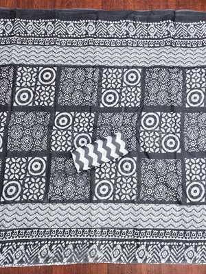 Classic Black Printed Cotton Blend Dress Material Highlighted With Delicate Floral Embroidery On Neck - Image 2