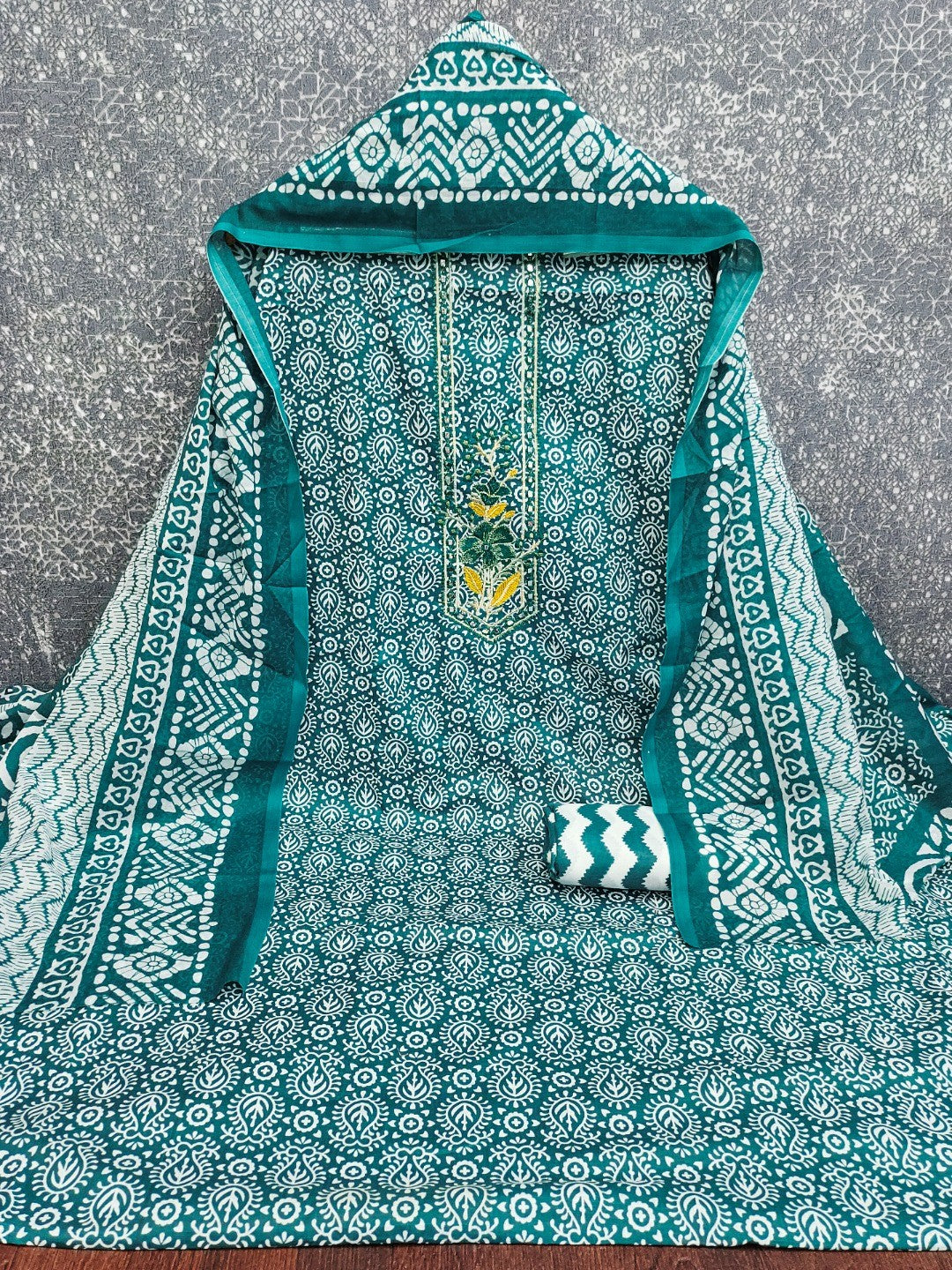 Classic Teal Printed Cotton Blend Dress Material Highlighted With Delicate Floral Embroidery On Neck - Image 2