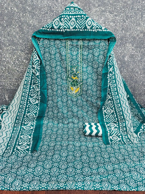 Classic Teal Printed Cotton Blend Dress Material Highlighted With Delicate Floral Embroidery On Neck - Image 2