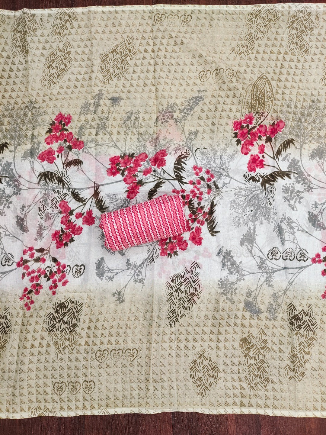 Stylish Cream & Gajari Pink Floral Printed Cotton Blend Dress Material With Embroidery Neck Work - Image 5