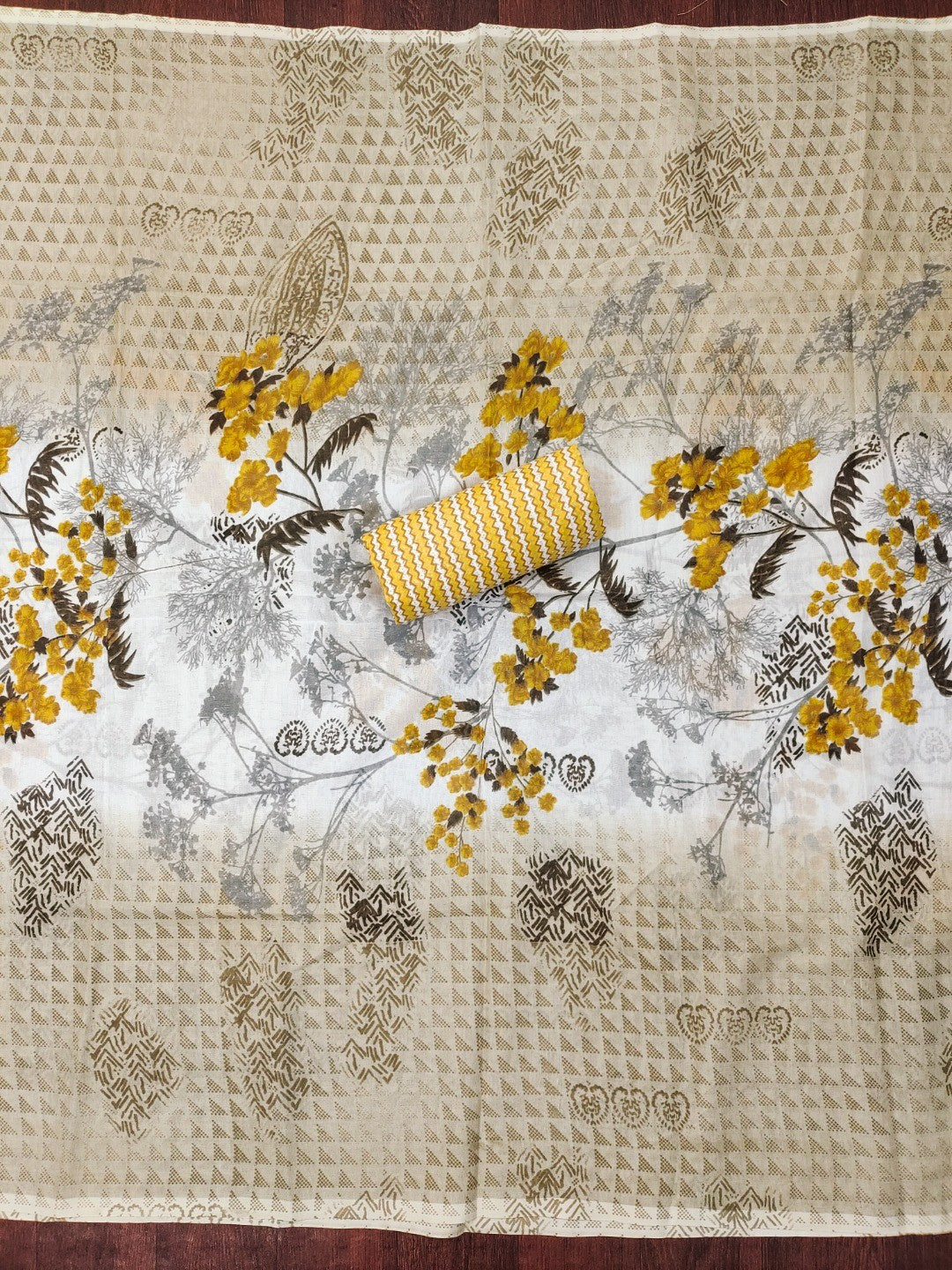 Stylish Cream & Yellow Floral Printed Cotton Blend Dress Material With Embroidery Neck Work - Image 5