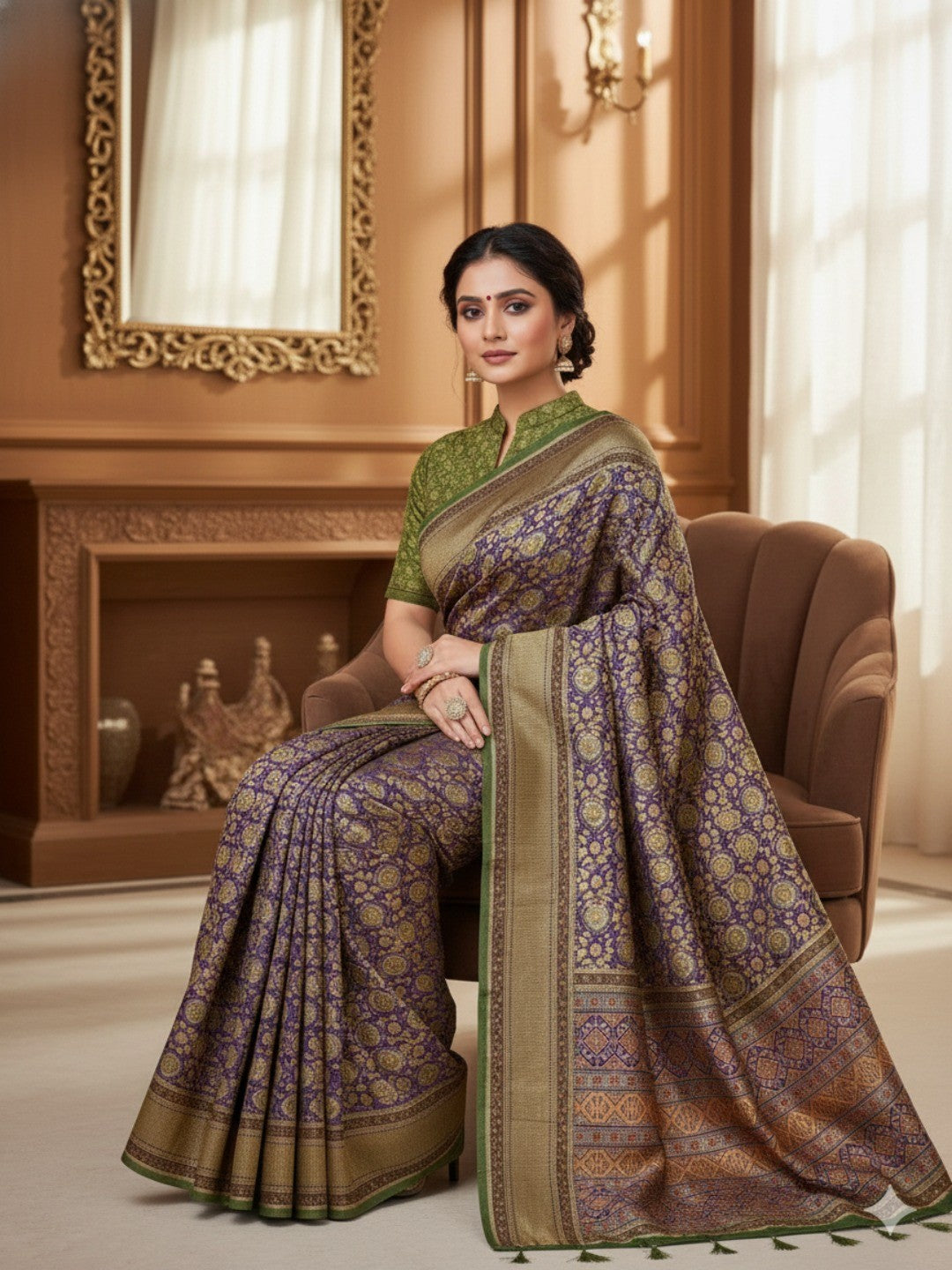 Purple Floral Printed Silk Blend Saree with Premium Texture and Designer Style Finish - Image 2