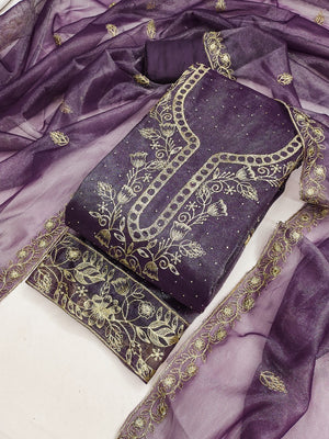 Sophisticated Lavender Floral Embroidered Organza Dress Material With Fine Swarovski Accents - Image 2