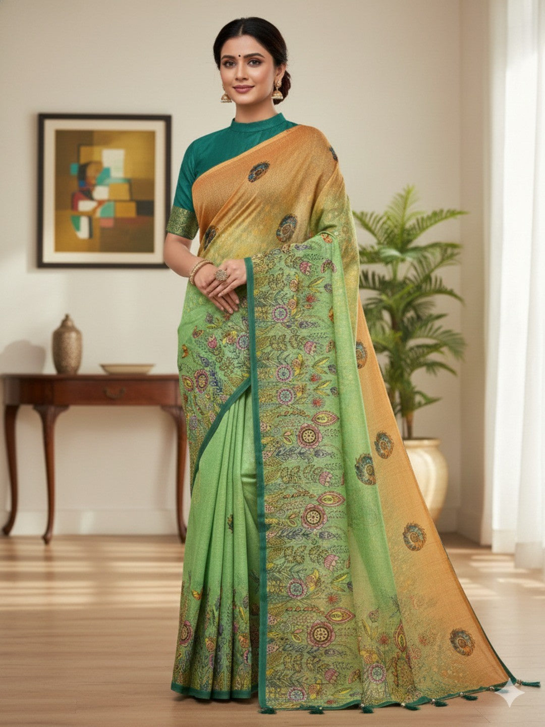 Green Floral Printed Silk Blend Saree with Premium Texture and Designer Style Finish - Image 1