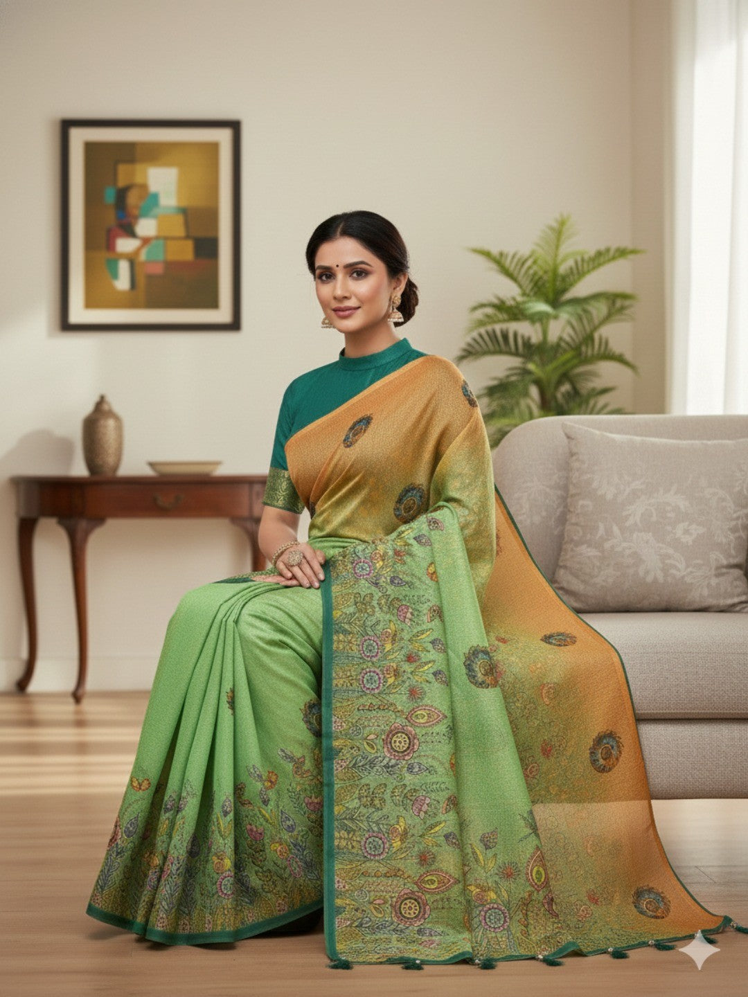 Green Floral Printed Silk Blend Saree with Premium Texture and Designer Style Finish - Image 2