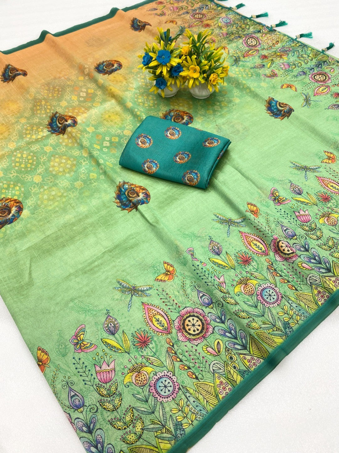Green Floral Printed Silk Blend Saree with Premium Texture and Designer Style Finish - Image 3