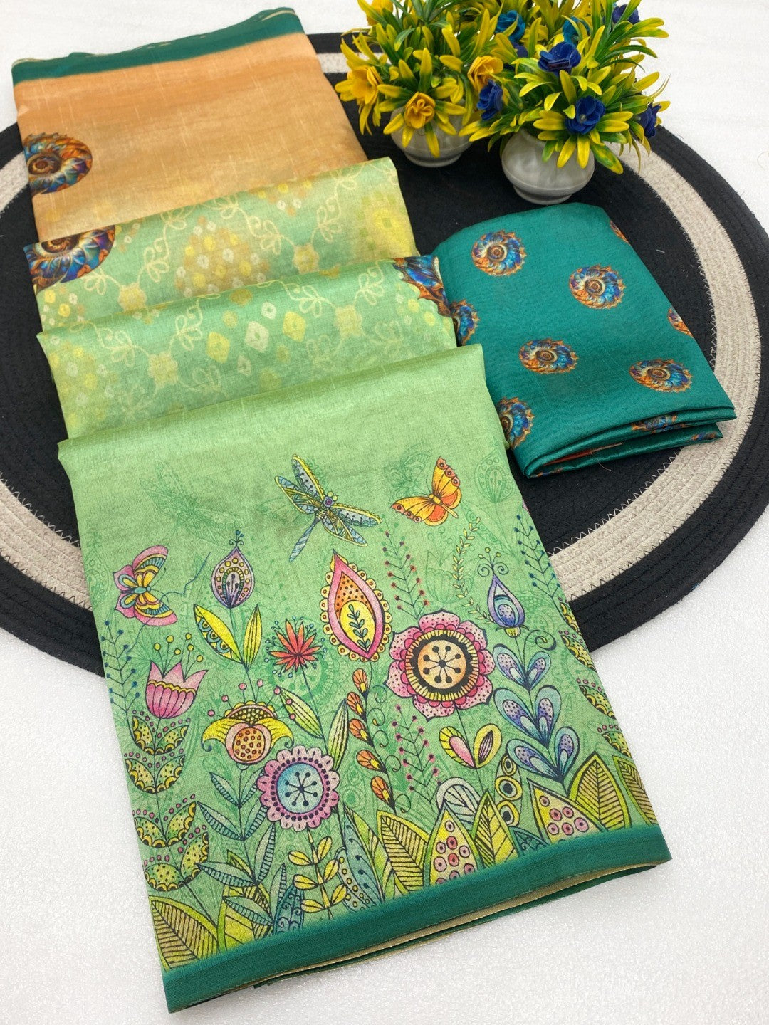 Green Floral Printed Silk Blend Saree with Premium Texture and Designer Style Finish - Image 5