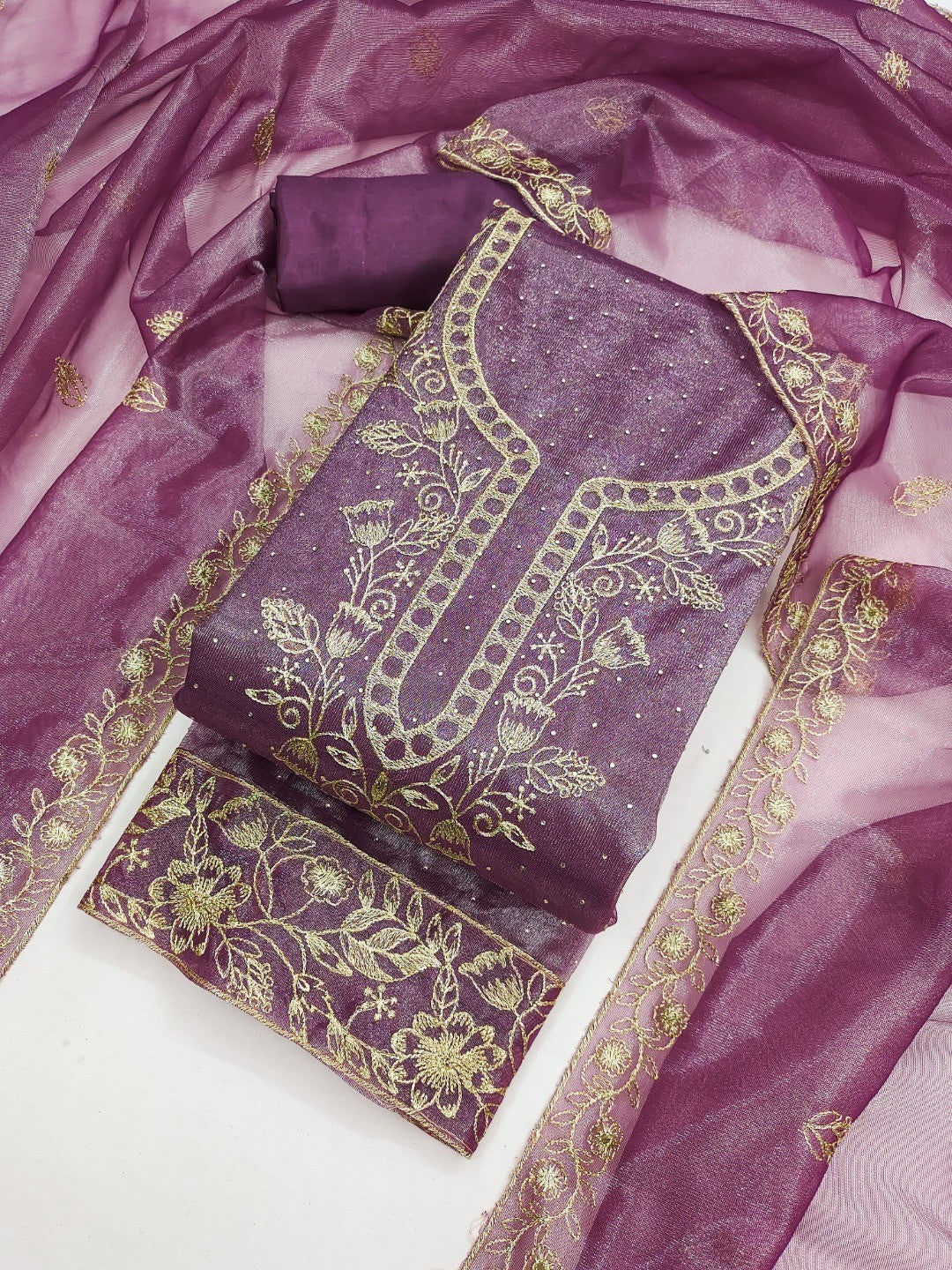 Sophisticated Purple Floral Embroidered Organza Dress Material With Fine Swarovski Accents - Image 4