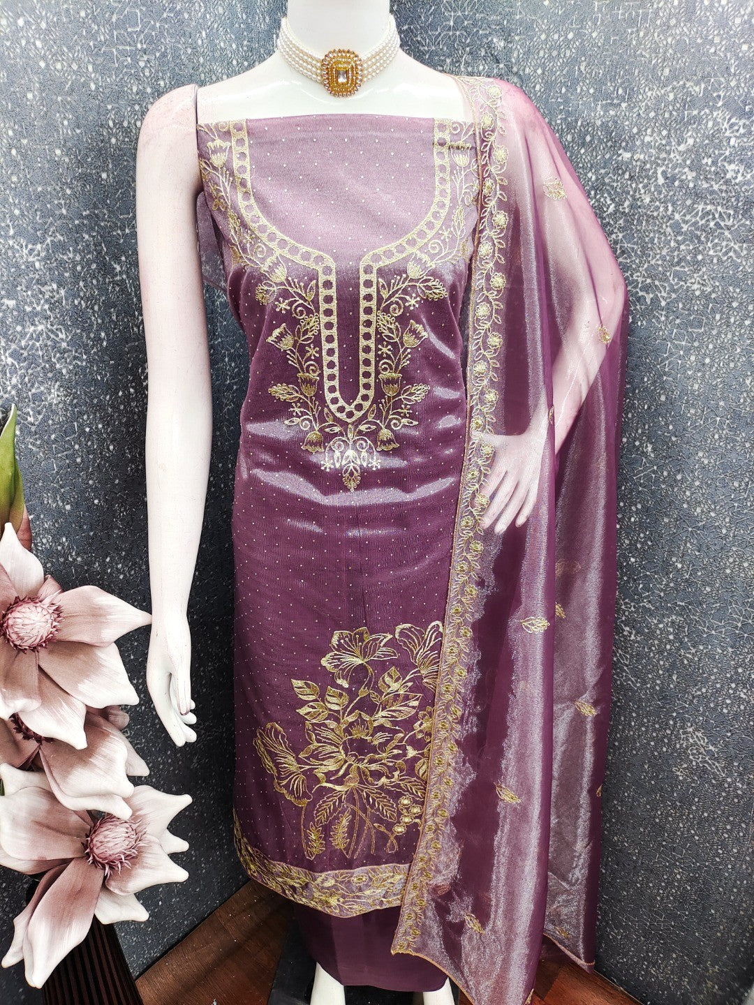 Sophisticated Purple Floral Embroidered Organza Dress Material With Fine Swarovski Accents - Image 6