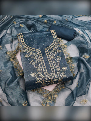 Sophisticated Blue Floral Embroidered Organza Dress Material With Fine Swarovski Accents - Image 1