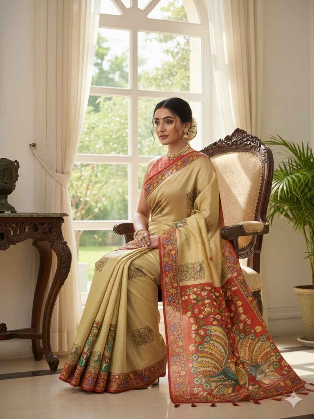 Cream Floral Print Silk Blend Saree with Premium Fabric Feel and Elegant Look - Image 2