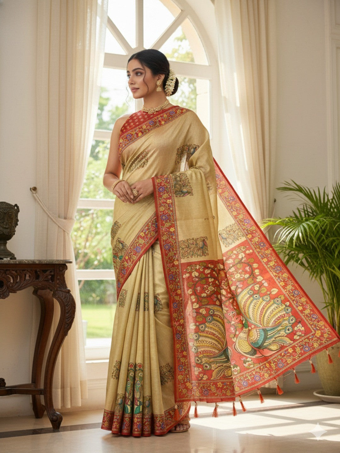 Cream Floral Print Silk Blend Saree with Premium Fabric Feel and Elegant Look - Image 1