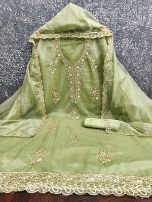 Timeless Green Floral Embroidered Organza Dress Material With Luxurious Swarovski Work - Image 2