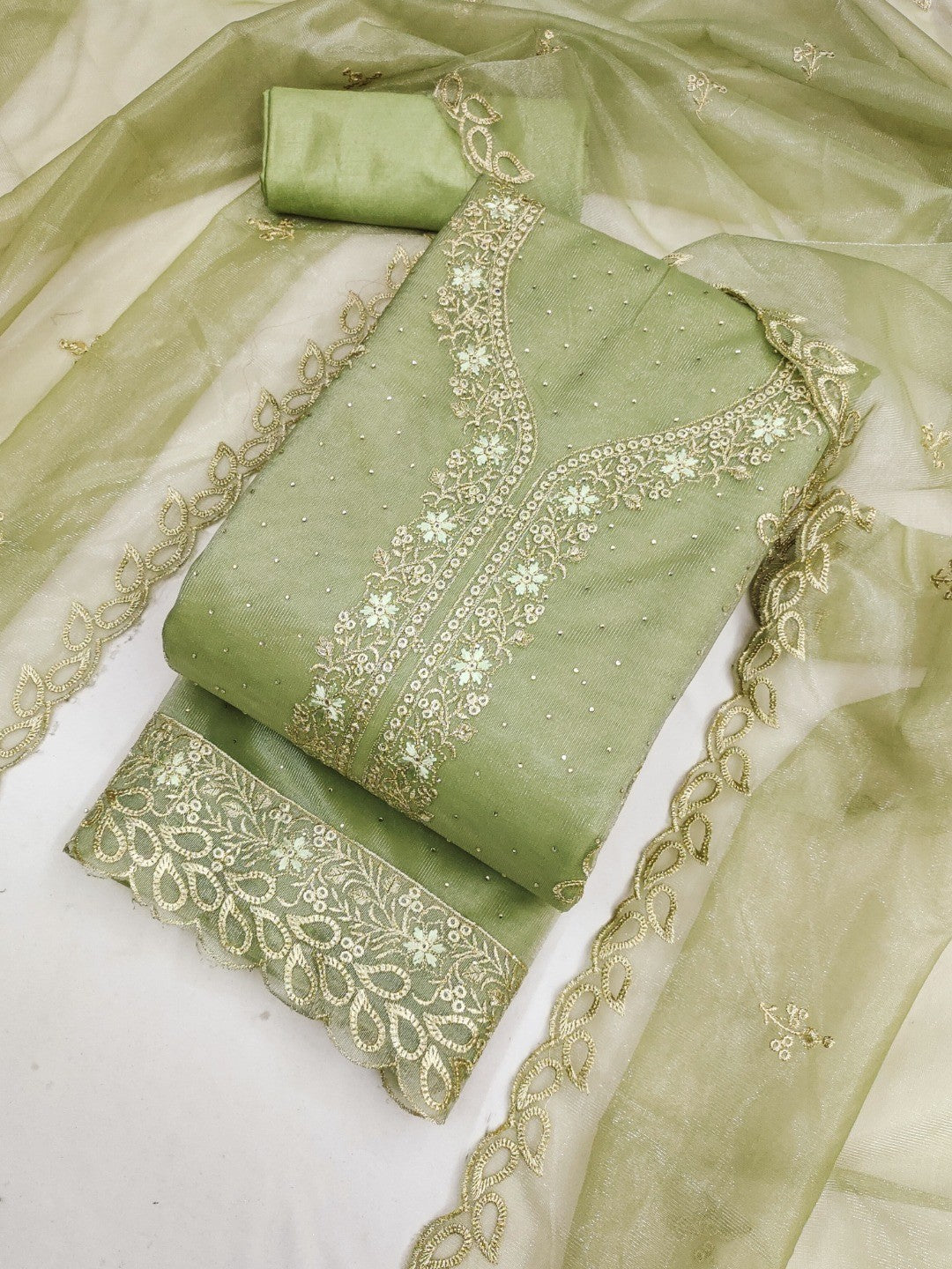 Timeless Green Floral Embroidered Organza Dress Material With Luxurious Swarovski Work - Image 3