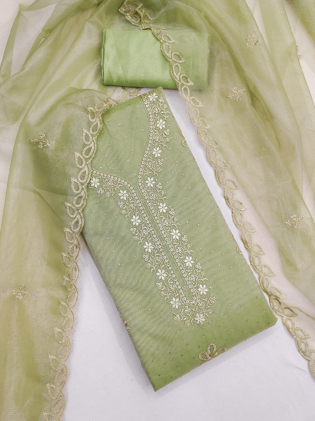Timeless Green Floral Embroidered Organza Dress Material With Luxurious Swarovski Work - Image 4