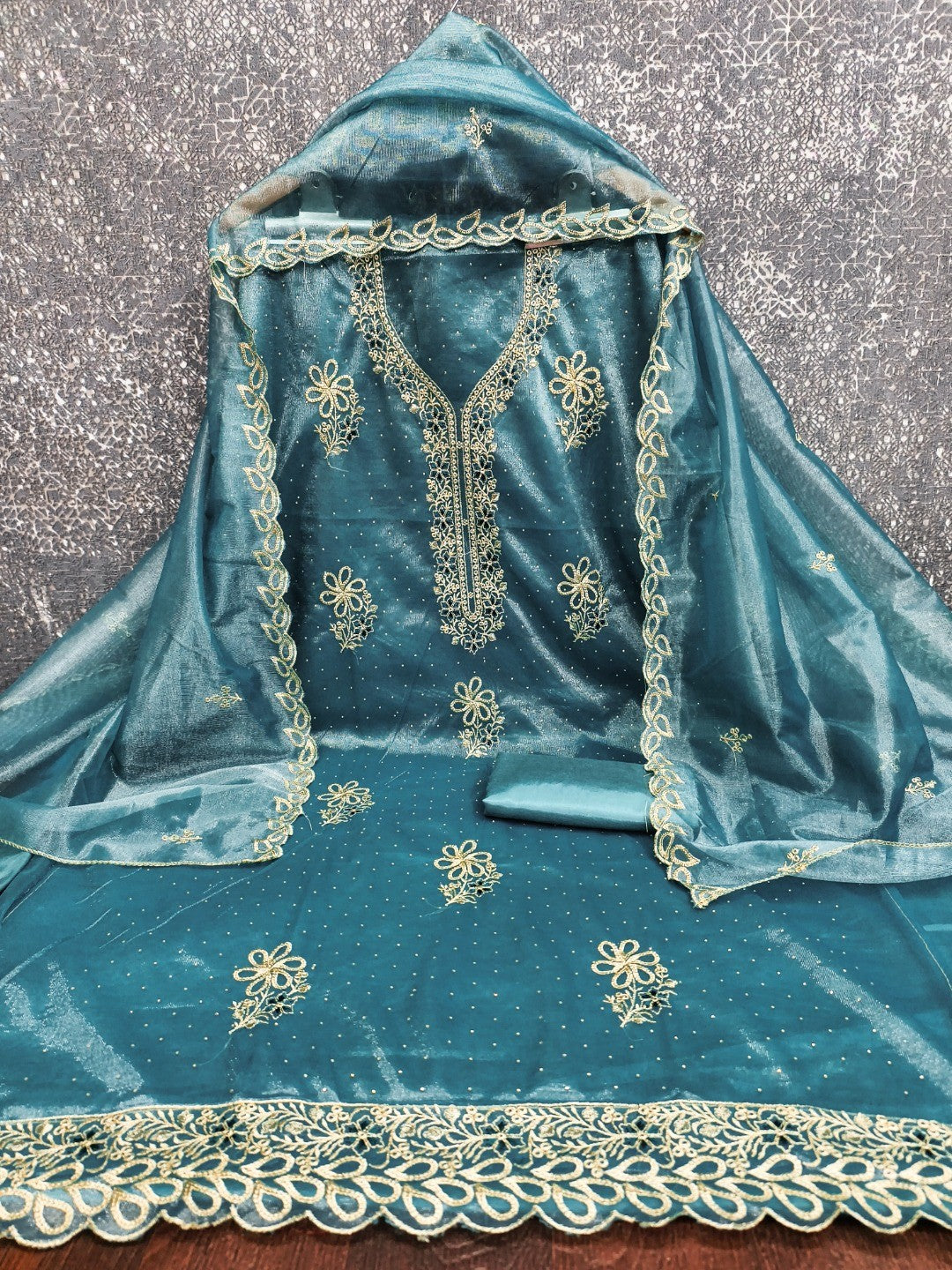 Timeless Teal Blue Floral Embroidered Organza Dress Material With Luxurious Swarovski Work - Image 2