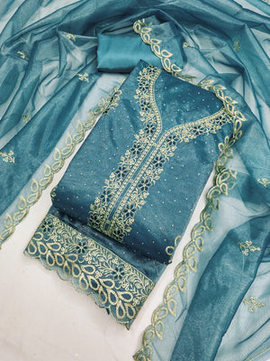 Timeless Teal Blue Floral Embroidered Organza Dress Material With Luxurious Swarovski Work - Image 1