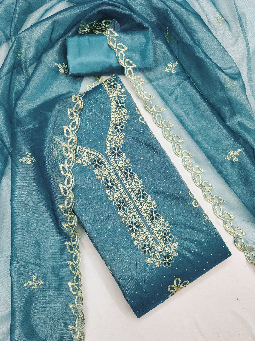 Timeless Teal Blue Floral Embroidered Organza Dress Material With Luxurious Swarovski Work - Image 4
