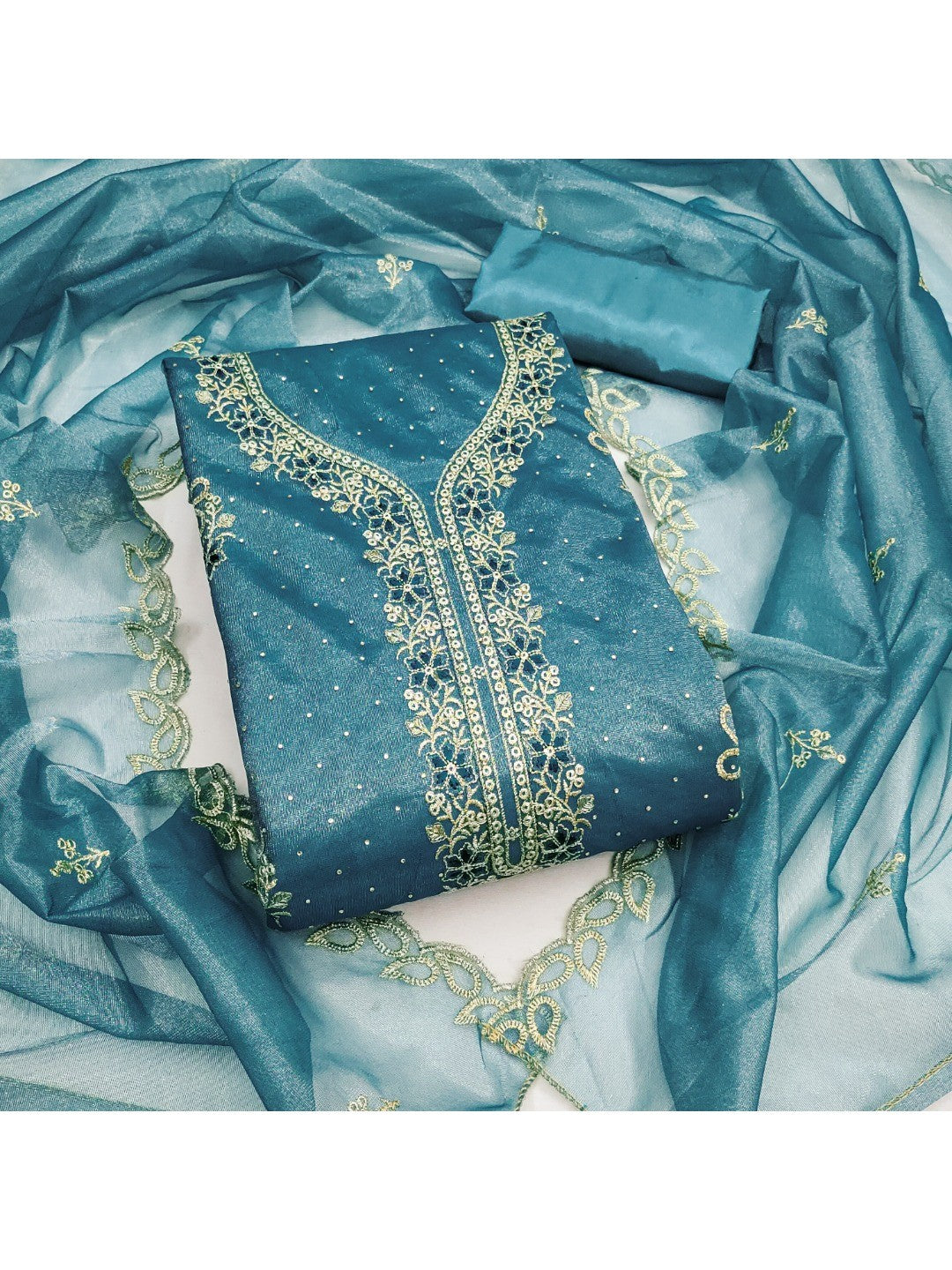 Timeless Teal Blue Floral Embroidered Organza Dress Material With Luxurious Swarovski Work - Image 5