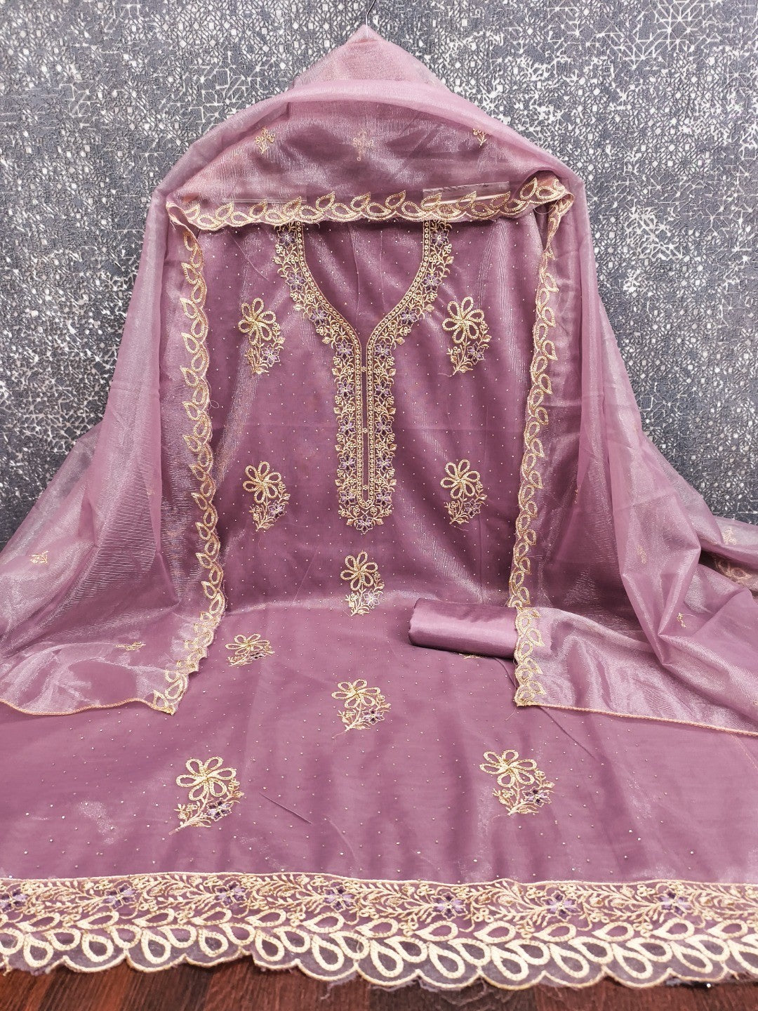 Timeless Mauve Floral Embroidered Organza Dress Material With Luxurious Swarovski Work - Image 2