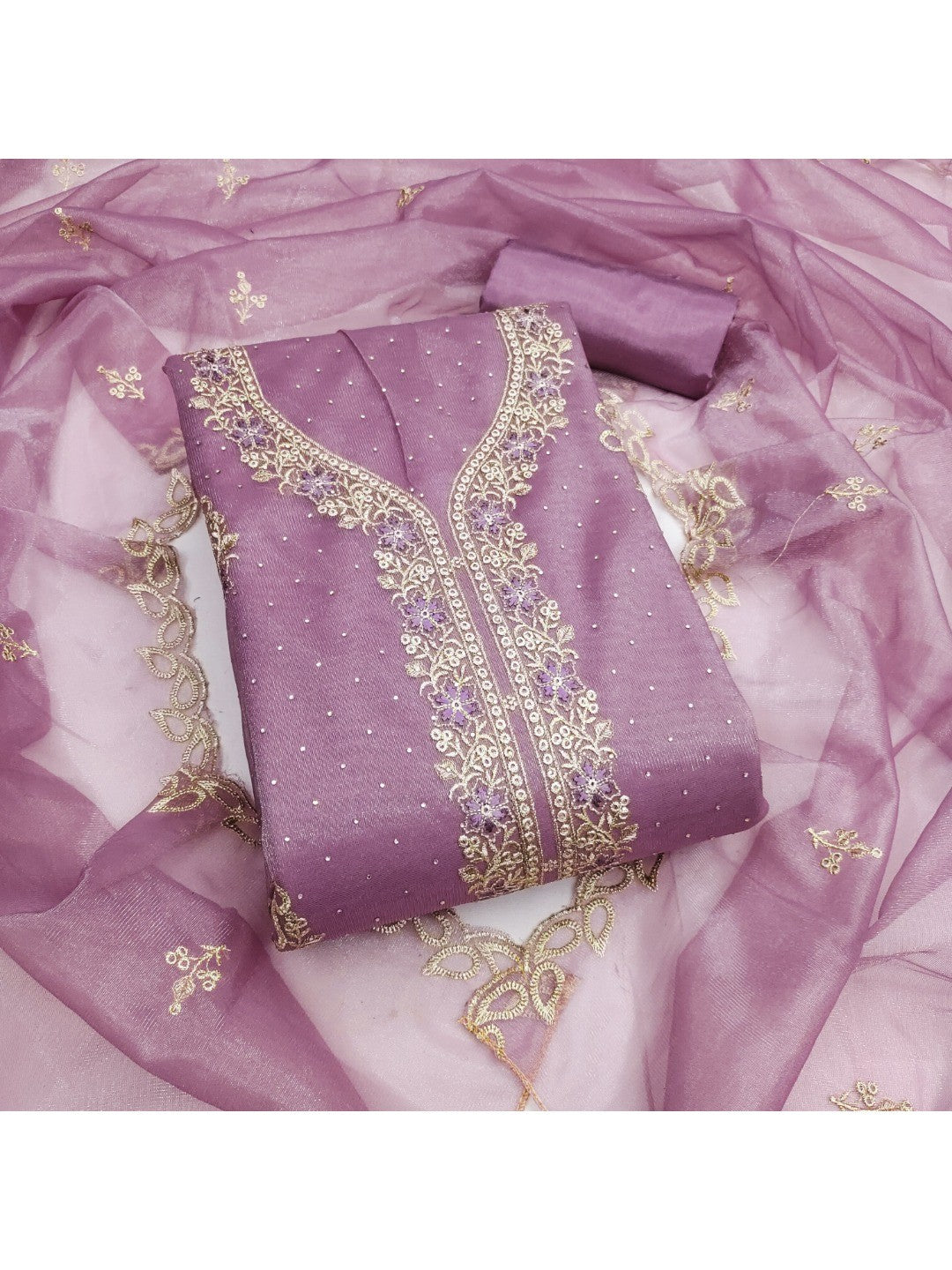 Timeless Mauve Floral Embroidered Organza Dress Material With Luxurious Swarovski Work - Image 5