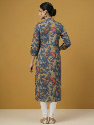 Blue Floral Print Viscose Kurti with Mandarin Collar and Detailed Floral Pattern - Image 2