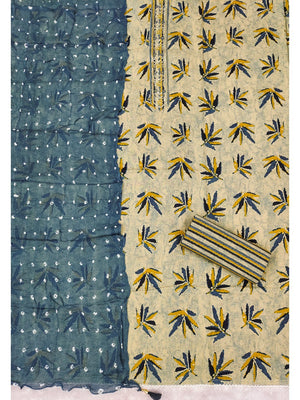 Grey Leaf Printed Pure Cotton Dress Material With Hand Floral Embroidered Neckline - Image 2
