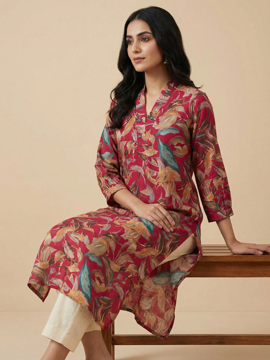 Crimson Red Floral Print Viscose Kurti with Mandarin Collar and Detailed Floral Pattern - Image 5