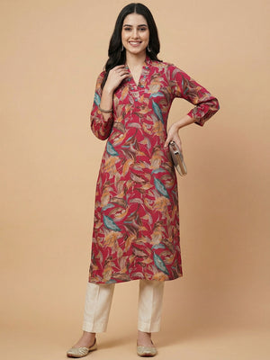 Crimson Red Floral Print Viscose Kurti with Mandarin Collar and Detailed Floral Pattern - Image 1