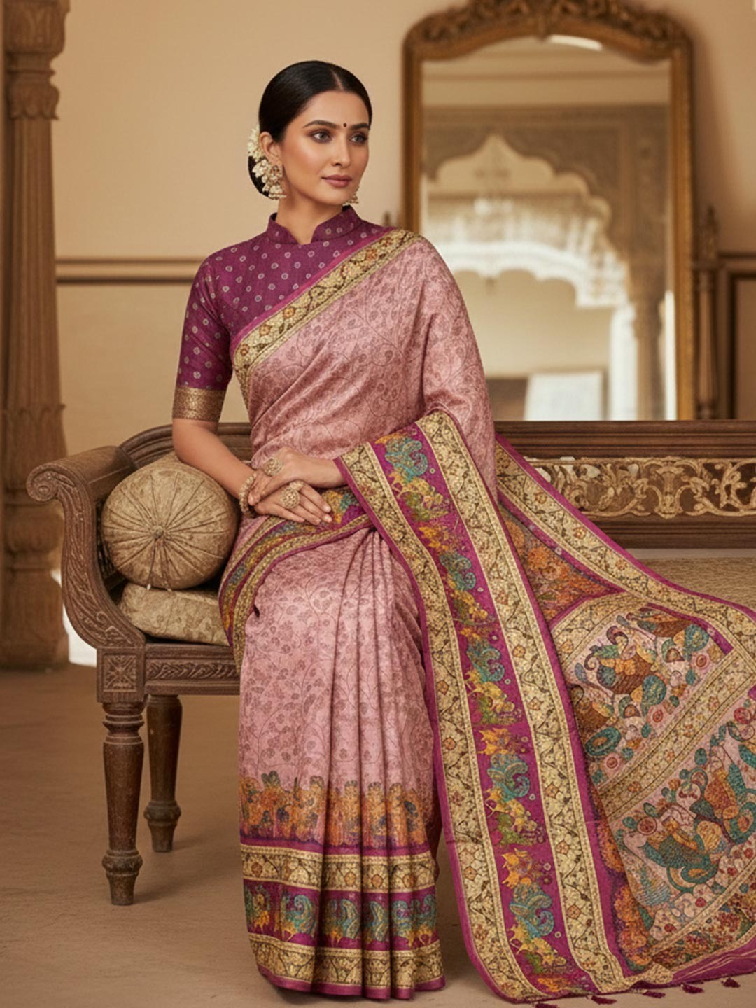Traditional Pink Silk Blend Saree with Heritage Inspired Border for Wedding and Festive Wear - Image 2