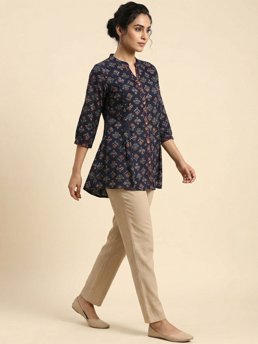 Navy Blue Floral Printed Rayon Straight Fit Top for Modern Casual Look - Image 4