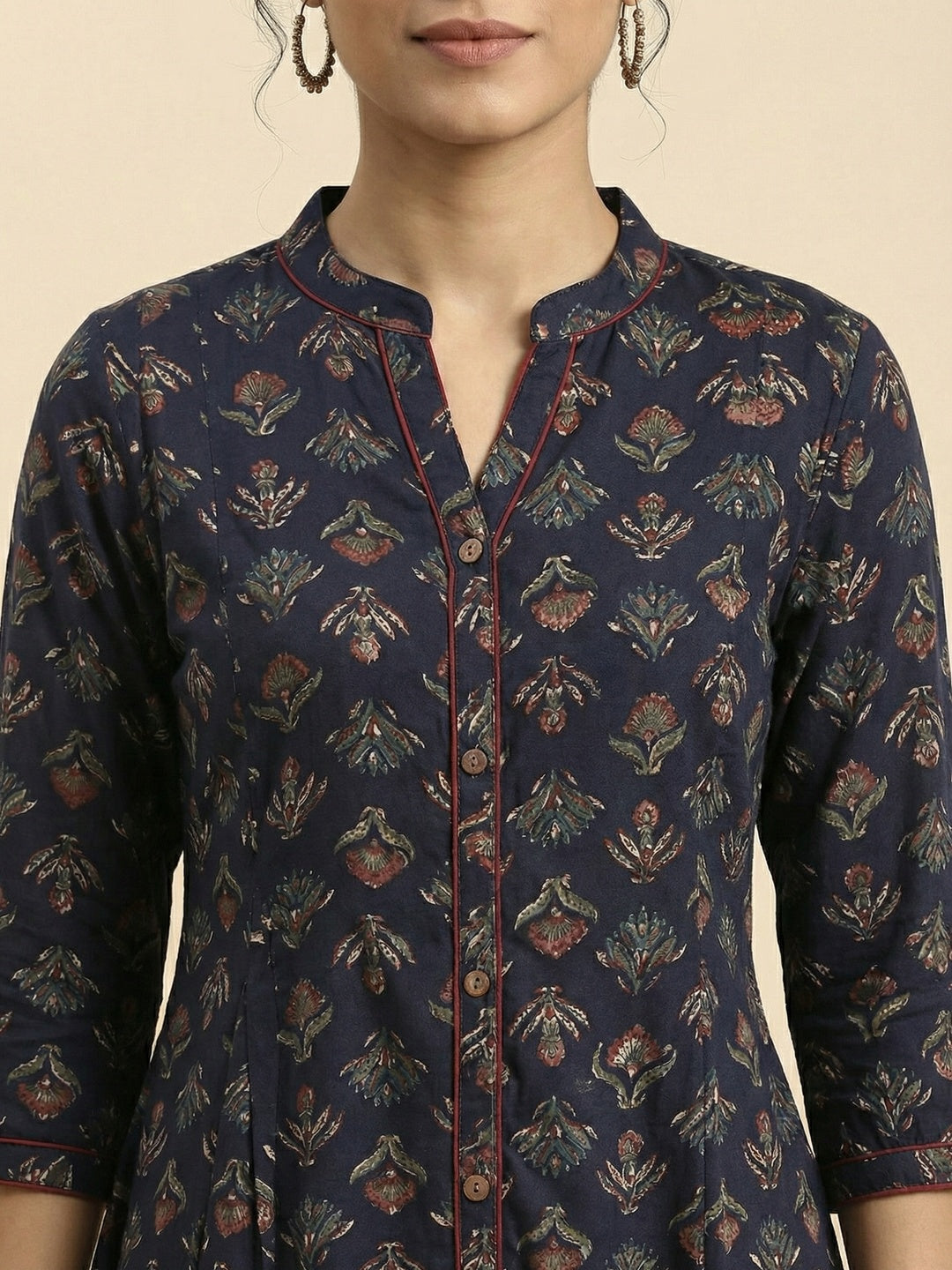 Navy Blue Floral Printed Rayon Straight Fit Top for Modern Casual Look - Image 2
