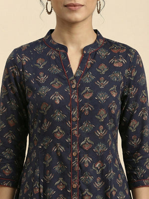 Navy Blue Floral Printed Rayon Straight Fit Top for Modern Casual Look - Image 2