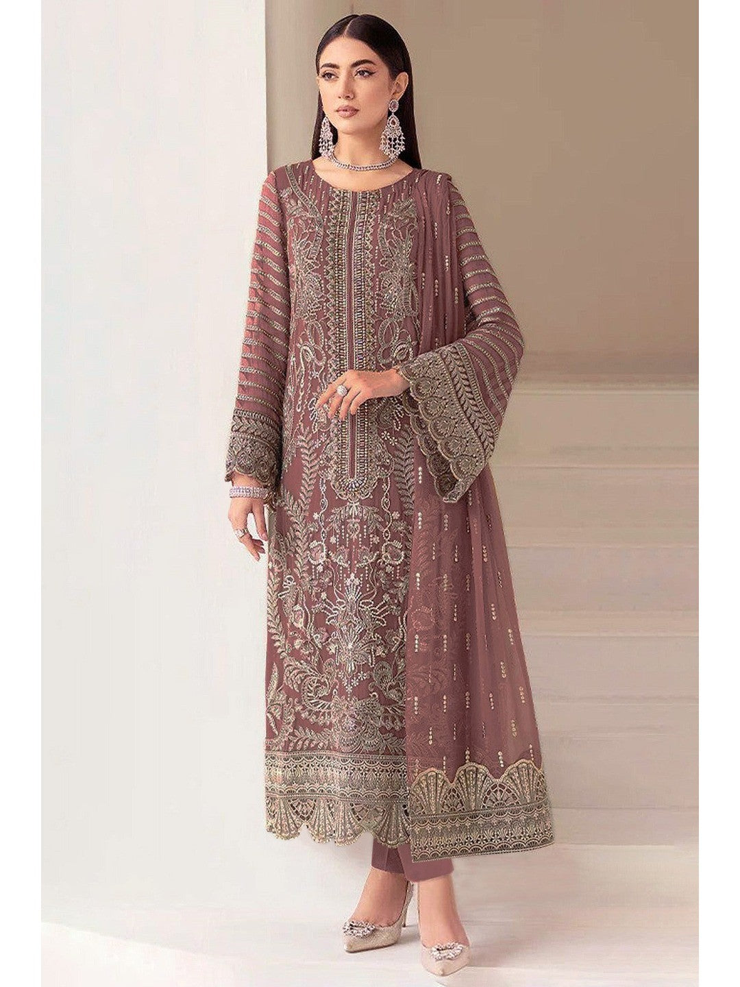 Elegant Grey Embroidered Georgette Semi-Stitched Pakistani Salwar Suit - Image 1