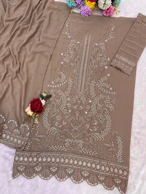 Elegant Brown Embroidered Georgette Semi-Stitched Pakistani Salwar Suit - Image 4