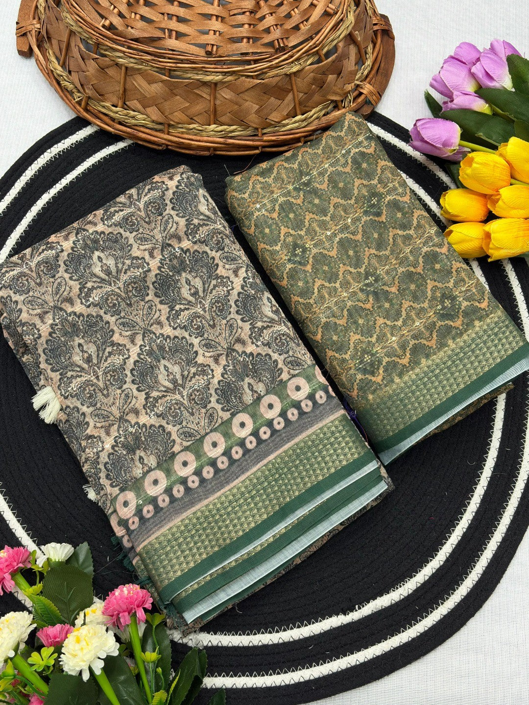 Beige & Green Abstract Digital Print Cotton Blend Saree with Fine Fabric Texture and Elegant Look - Image 3