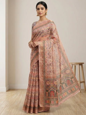 Peach Abstract Digital Print Cotton Blend Saree with Fine Fabric Texture and Elegant Look - Image 1