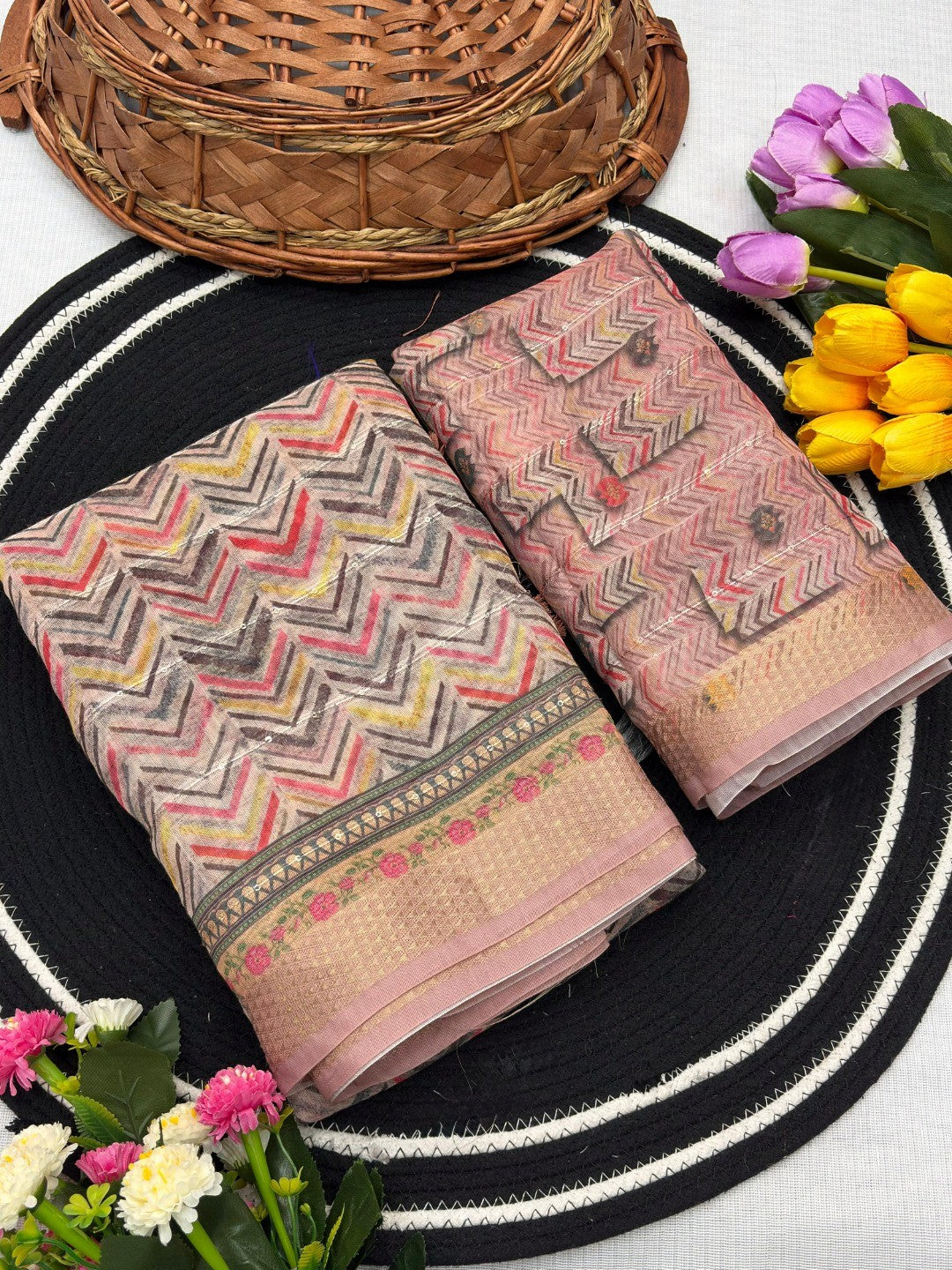 Peach Abstract Digital Print Cotton Blend Saree with Fine Fabric Texture and Elegant Look - Image 3