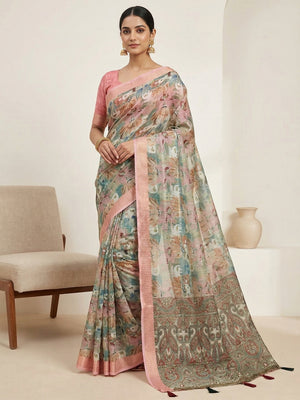 Sage Green Abstract Digital Print Cotton Blend Saree with Fine Fabric Texture and Elegant Look - Image 1