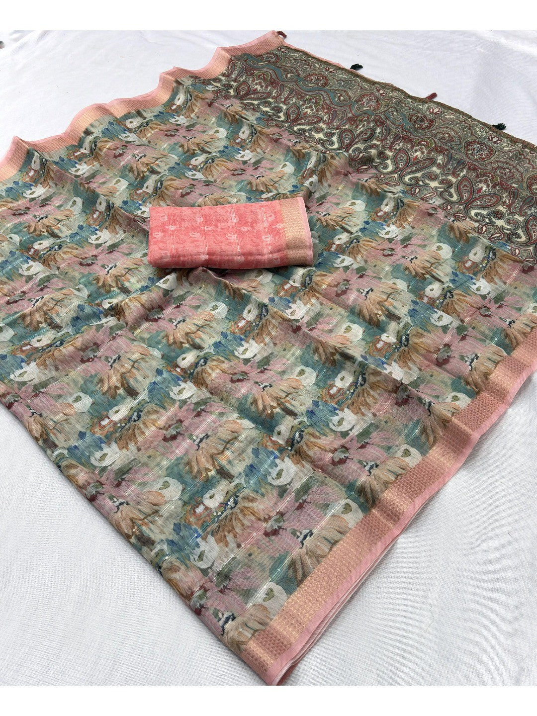 Sage Green Abstract Digital Print Cotton Blend Saree with Fine Fabric Texture and Elegant Look - Image 2