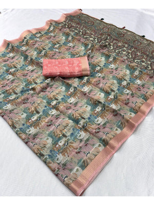 Sage Green Abstract Digital Print Cotton Blend Saree with Fine Fabric Texture and Elegant Look - Image 2
