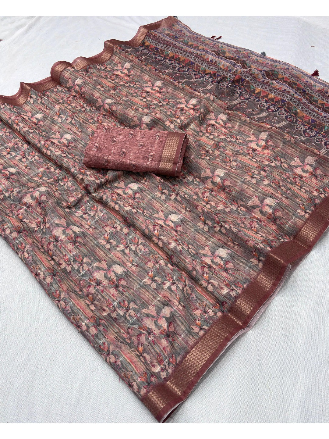 Peach Abstract Digital Printed Cotton Blend Saree with Detailed Digital Pattern Finish - Image 1